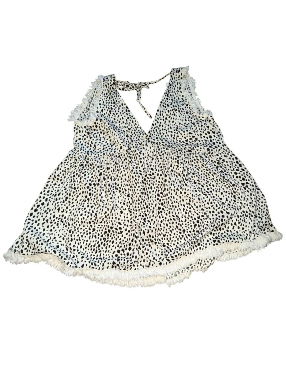 Umgee Animal Print Babydoll Tank With Fringe Detail-Black/Ivory-S-GUC